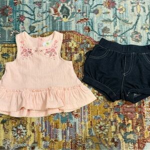 Emma’s Garden spring summer peach pink floral top denim bubble shorts 3-6 months